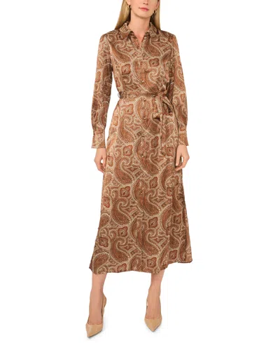 Msk Women's Collared Long-sleeve Midi Dress In Brown Patina