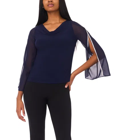 Msk Women's Cowl Neck Rhinestone Top In Blue