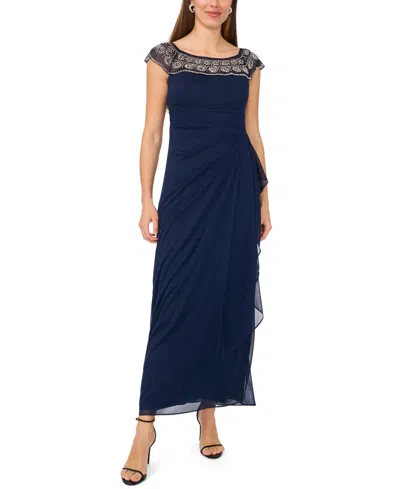Msk Women's Crewneck Evening Mesh Gown In Blue