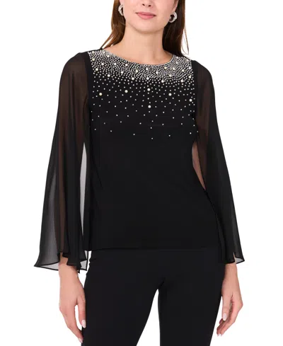 Msk Women's Crystal-embellished Flutter-sleeve Top In Black