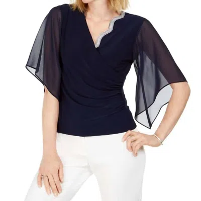 Msk Women's Embellished Chiffon Sleeve Top In Navy/blue In Multi