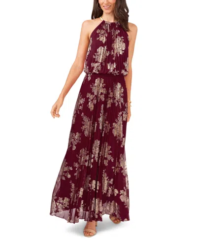 Msk Women's Embellishment Halter-neck Pleated Dress In Burgundy