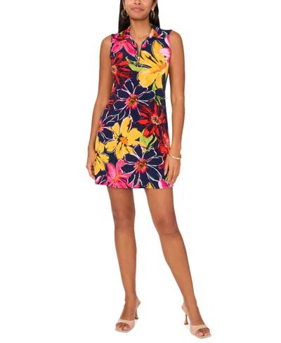Msk Women's Floral Jersey Front-zip Sleeveless Dress In Navy,red