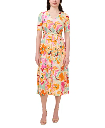 Msk Women's Floral-print Tie-waist V-neck Midi Dress In Ivory,mult