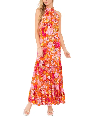 Msk Women's Floral-print Tiered Maxi Dress In Orange Pink