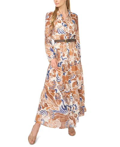 Msk Women's Floral Tiered Long-sleeve Dress In Bone White