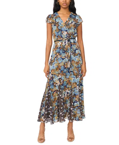 Msk Women's Floral Wrap Short-sleeve Maxi Dress In Navy,rust,green