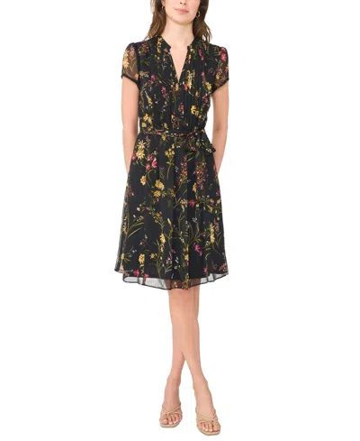 Msk Women's Floral-print Pintuck Short-sleeve Shirtdress In Black