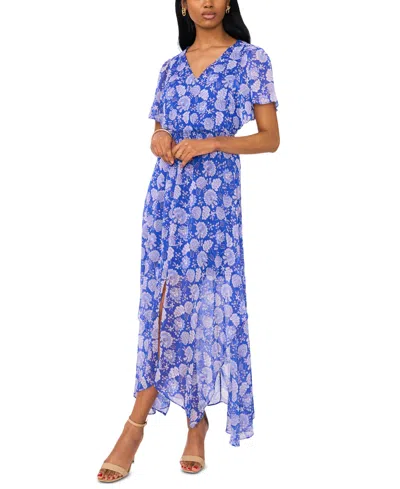 Msk Women's Flutter-sleeve Handkerchief-hem Maxi Dress In Blues