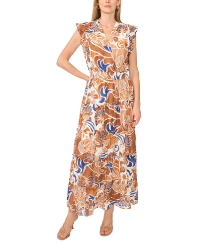 Msk Women's Flutter-sleeve Smocked-waist Maxi Dress In Brown