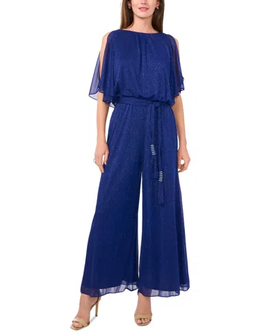 Msk Women's Glitter-chiffon Blouson Wide-leg Jumpsuit In Charming Royal