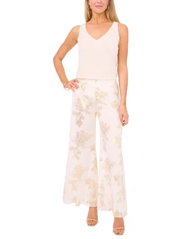 Msk Petite Palazzo Foil-print Wide-leg Pull-on Pants In Ivory,gold