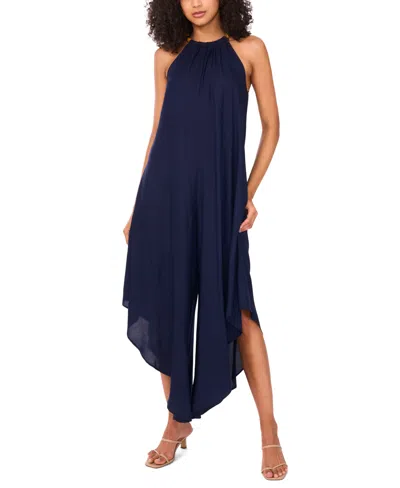 Msk Women's Halter Beaded-trim Asymmetrical-hem Jumpsuit In Blue