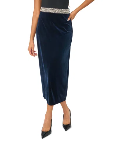Msk Women's High-waisted A-line Velvet Maxi Skirt With Crystal Waist Trim In Navy