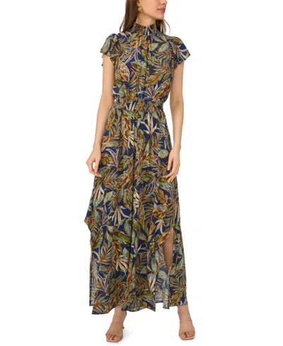 Msk Women's Leaf Print Smocked Mock Neck Jumpsuit In Navy Yard
