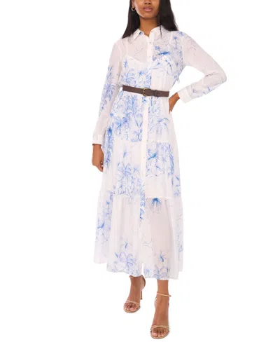 Msk Women's Long-sleeve Collared Tiered Skirt & Belt Dress In Blue