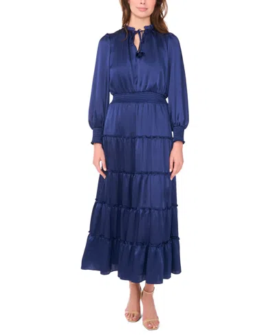 Msk Women's Long-sleeve Tie-neck Smocked-waist Tiered Maxi Dress In Blue