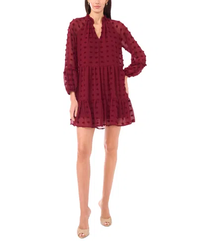 Msk Women's Long Sleeve V-neck Tiered Babydoll Dress In Brown