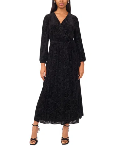 Msk Women's Long Sleeve V-neck Velvet Maxi Dress In Black
