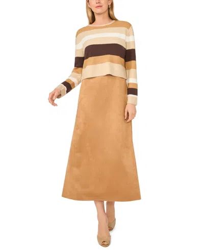 Msk Women's Long-sleeve A-line Midi Striped Faux Suede Dress And Sweater, 2-piece Set In Neutral