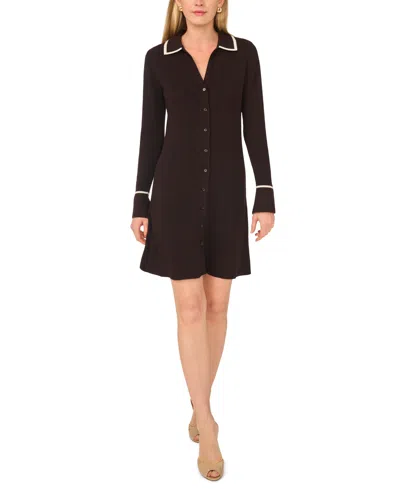 Msk Women's Long-sleeve Button-front Fit-and-flare Sweater Dress In Brown