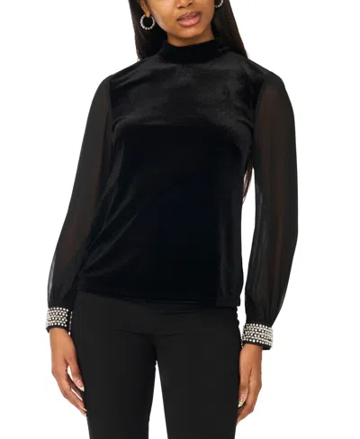 Msk Women's Mixed Media Blouson Long-sleeve Top In Black
