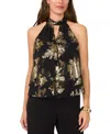 Msk Women's Mock-neck Metallic Floral Sleeveless Top In Black,gold