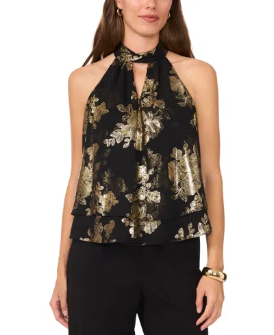 Msk Women's Mock-neck Metallic Floral Sleeveless Top In Black,gold