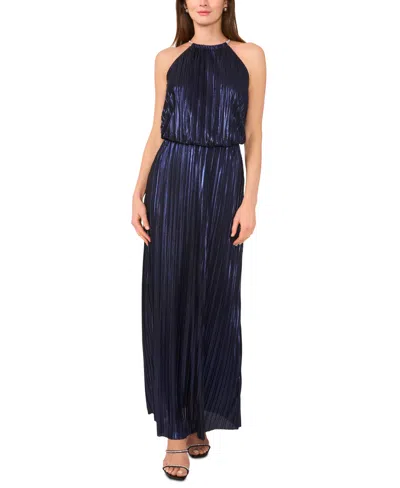 Msk Women's Necklace-neck Pleated Metallic Sleeveless Gown In Navy