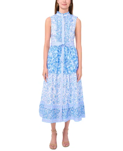 Msk Women's Printed Cotton Button-front Sleeveless Midi Dress In White,blue