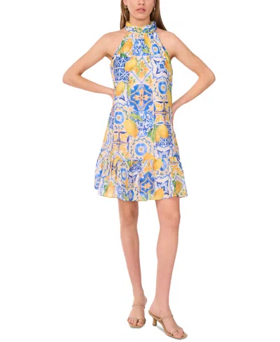 Msk Women's Printed Halter-neck Ruffle Dress In Blue