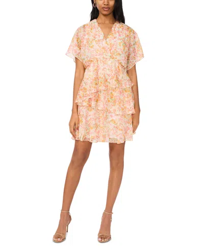 Msk Women's Printed V-neck Dolman-sleeve Tiered Dress In Coral,almond