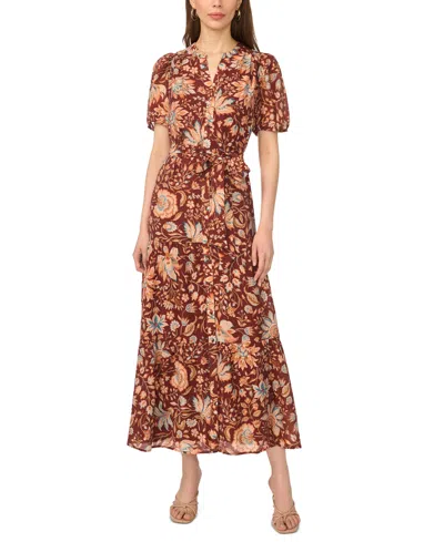 Msk Women's Puff Sleeve Floral-print Tiered Maxi Dress In Brown