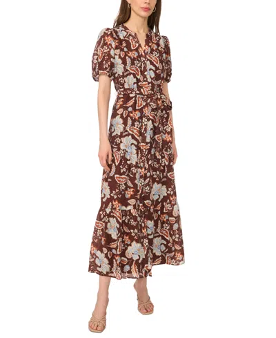 Msk Women's Puff-sleeve Floral Tiered Maxi Dress In Chocolate Fondant