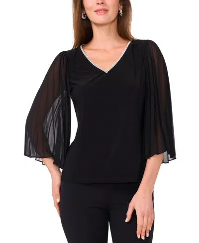 Msk Women's Rhinestone-trim Flutter-sleeve Top In Black