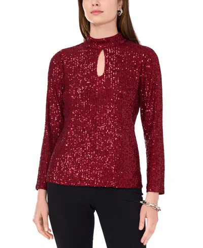 Msk Women's Sequin Keyhole-neck Long-sleeve Top In Dark Wine
