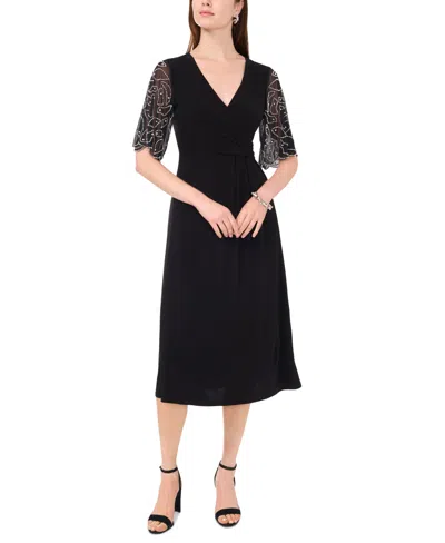 Msk Women's Sheer-sleeve Fit & Flare Dress In Black