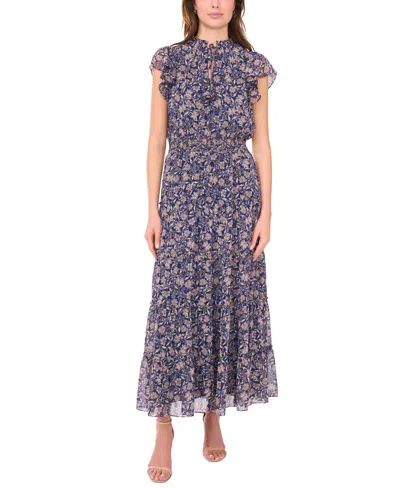 Msk Women's Short Sleeve Smocked Waist Tiered Maxi Dress In Blue