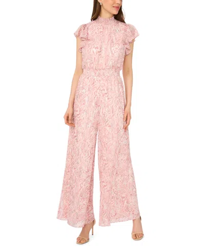 Msk Women's Short-sleeve Mock Neck Smocked Waist Jumpsuit In Pink