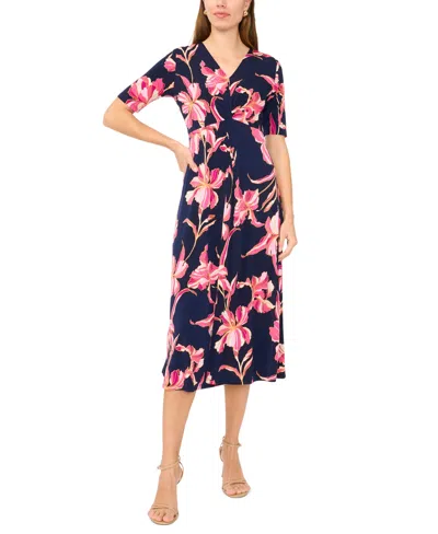 Msk Women's Short-sleeve V-neck Twist Front Midi Dress In Blue