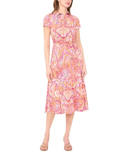 Msk Women's Short-sleeve Zipper Midi Dress In Red