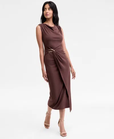 Msk Women's Sleeveless Boat-neck Ponte-knot Wrap Midi Dress In Brown