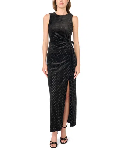Msk Women's Sleeveless Polka-dot Front-slit Maxi Dress In Black Silver