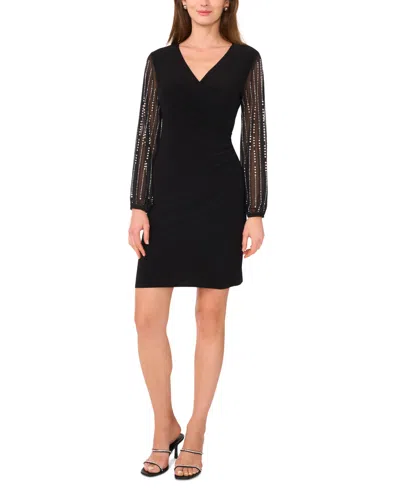 Msk Women's Surplice-neck Beaded-long-sleeve Shift Dress In Black