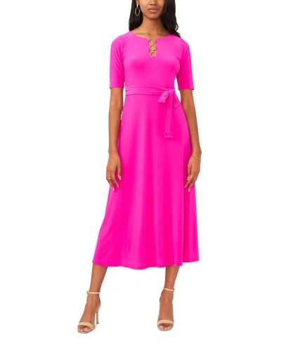 Msk Women's Three-ring Keyhole-neck Belted Midi Dress In Fiercely Fuchsia