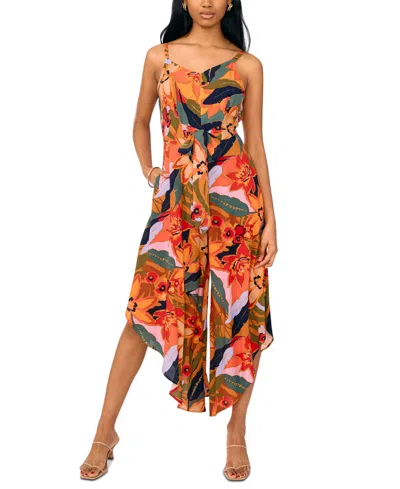 Msk Women's Tropical-print Tie-waist Jumpsuit In Olive Multi