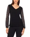 Msk Women's V-neck Beaded Sleeve Top In Black