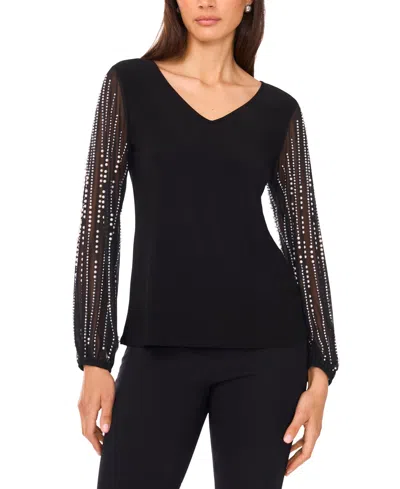 Msk Women's V-neck Beaded Sleeve Top In Black