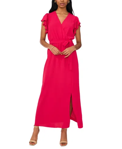 Msk Women's V-neck Flutter-sleeve Belted Maxi Dress In Fresh Berry