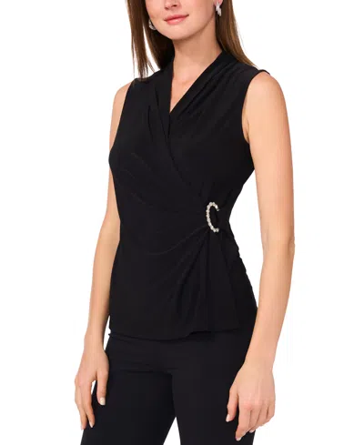 Msk Women's V-neck Sleeveless Drape-front Embellished Top In Black